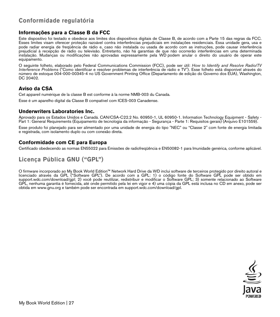 Conformidade regulatória, Licença pública gnu (“gpl”) | Western Digital My Book World Edition II (blue rings) Quick Install Guide User Manual | Page 28 / 29