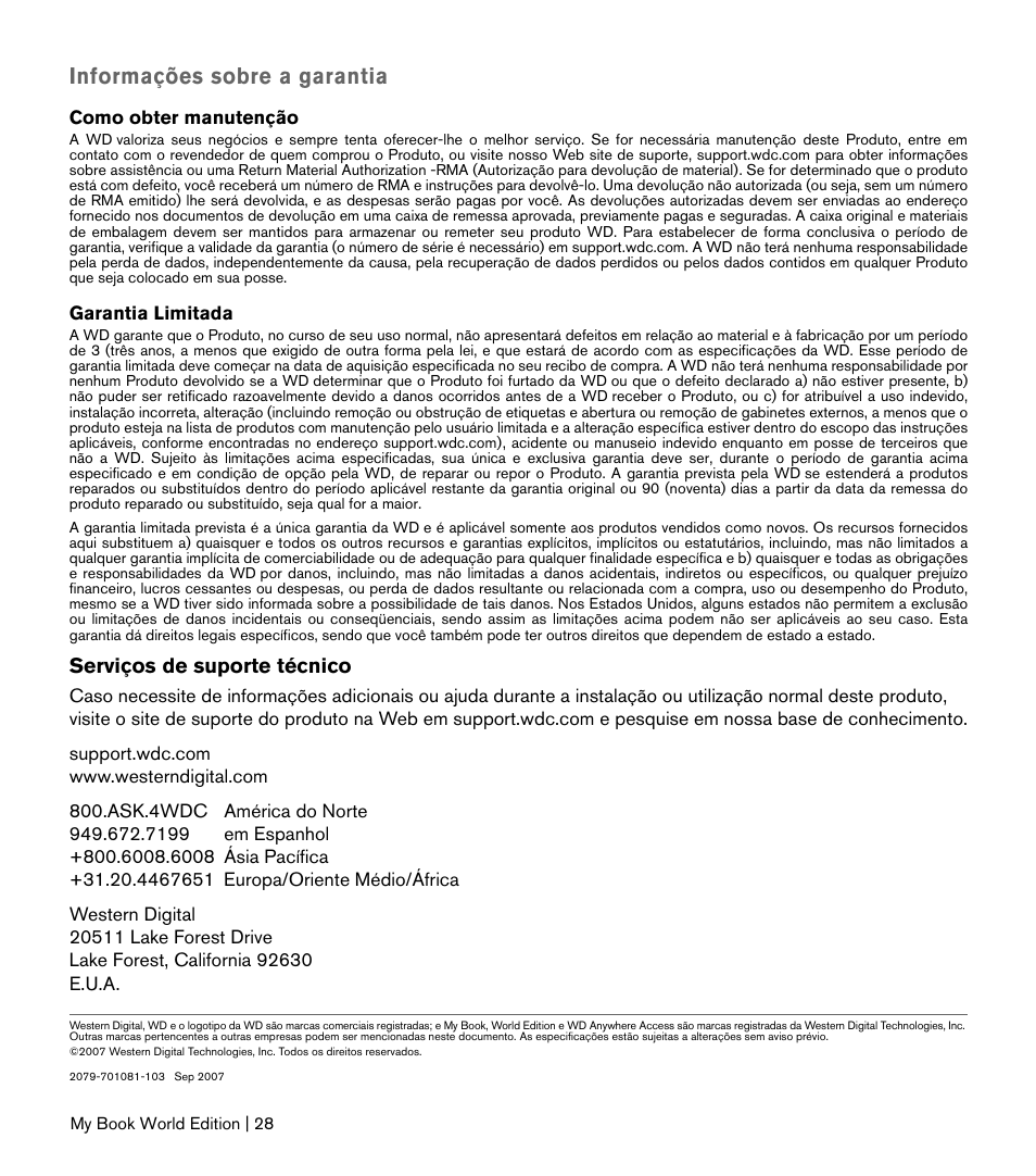 Informações sobre a garantia | Western Digital My Book World Edition II (blue rings) Quick Install Guide User Manual | Page 29 / 29