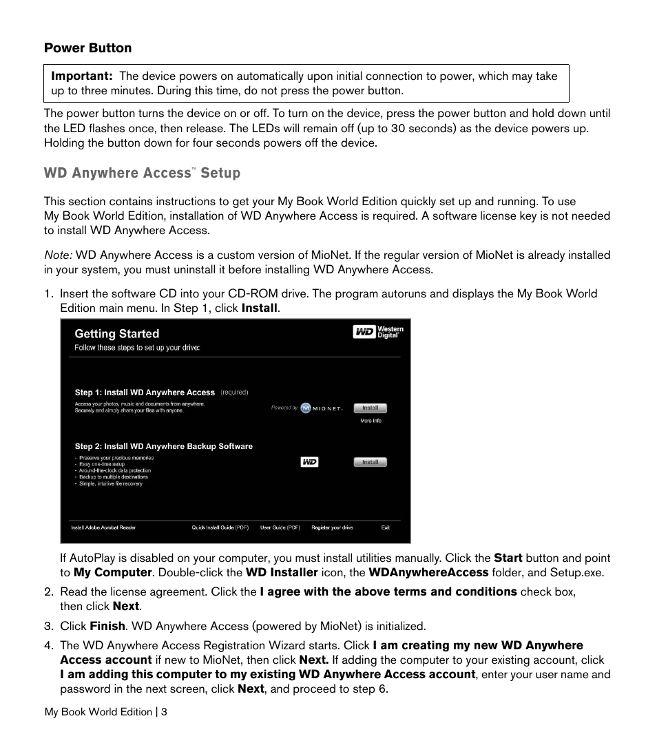 Wd anywhere access, Setup | Western Digital My Book World Edition II (blue rings) Quick Install Guide User Manual | Page 4 / 29