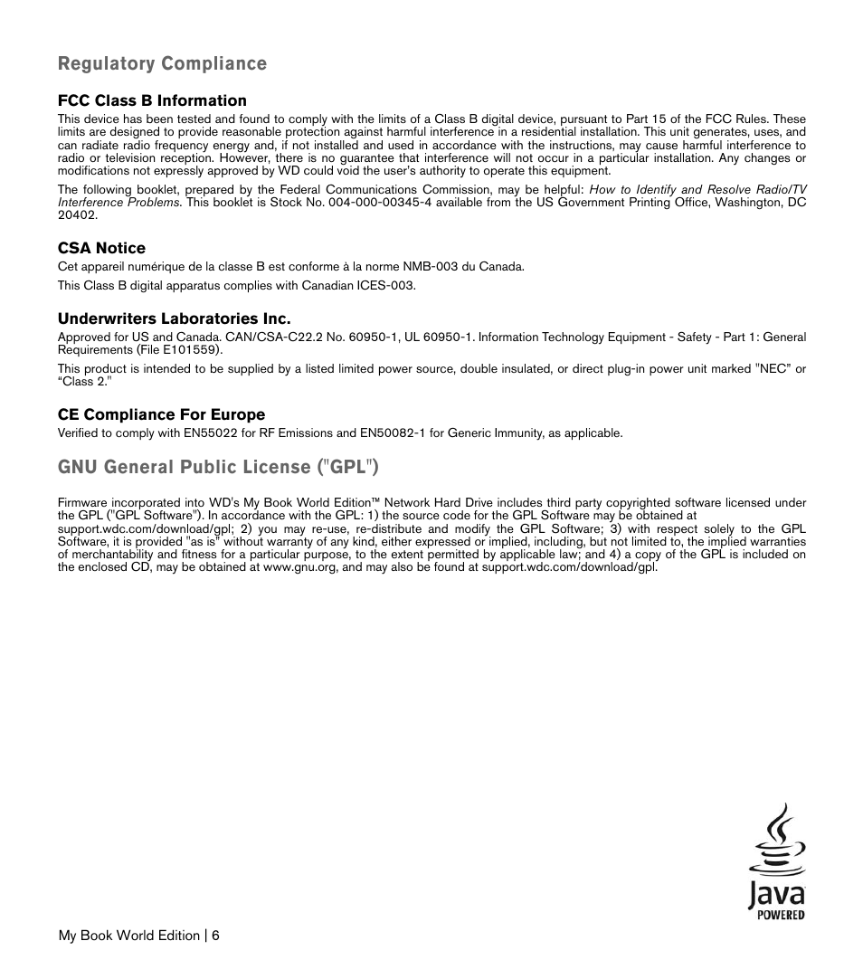 Regulatory compliance, Gnu general public license ("gpl") | Western Digital My Book World Edition II (blue rings) Quick Install Guide User Manual | Page 7 / 29