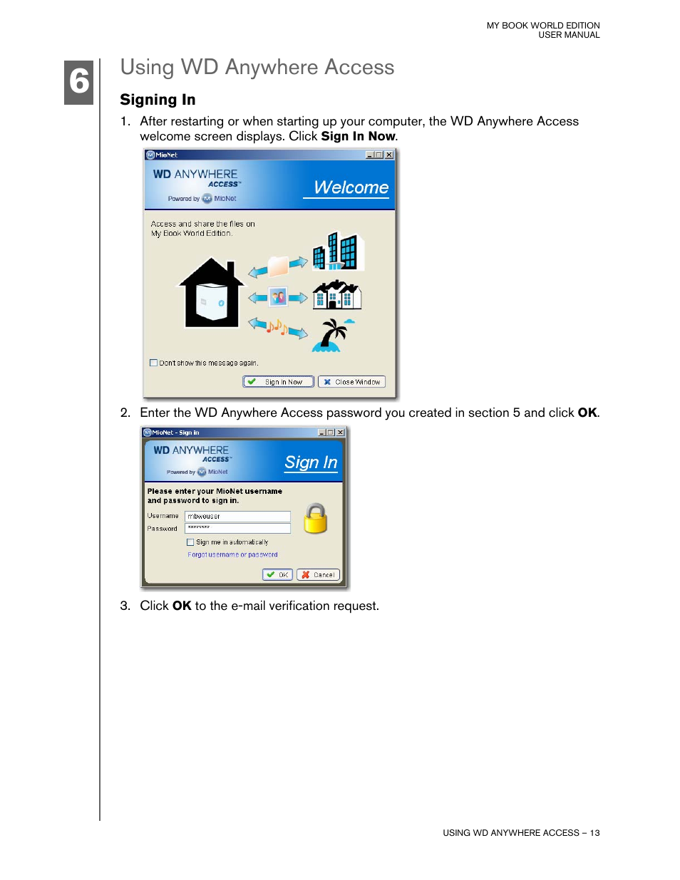 Using wd anywhere access, Signing in | Western Digital My Book World Edition II (blue rings) User Manual User Manual | Page 16 / 52