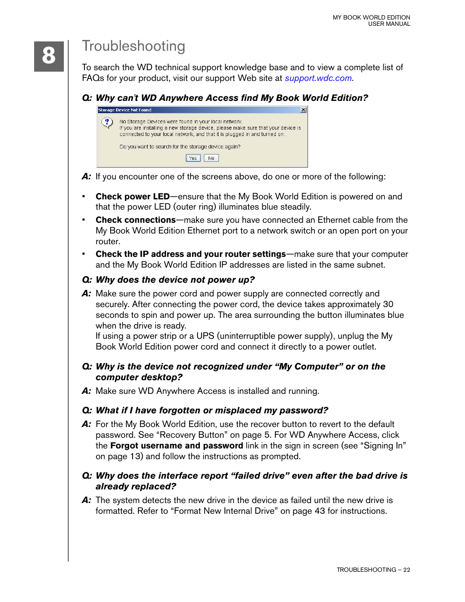 Troubleshooting | Western Digital My Book World Edition II (blue rings) User Manual User Manual | Page 25 / 52