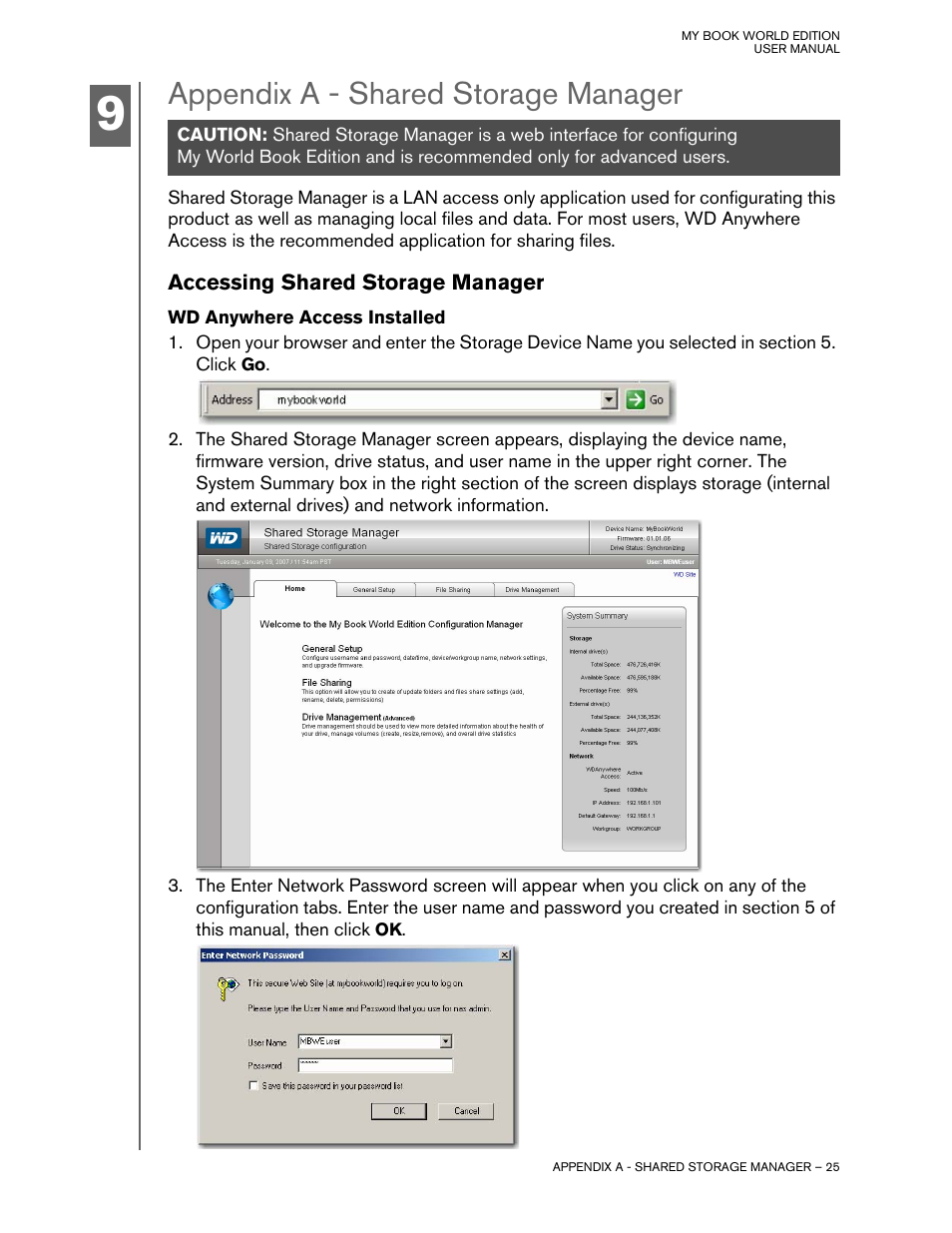 Appendix a - shared storage manager, Accessing shared storage manager, Wd anywhere access installed | Western Digital My Book World Edition II (blue rings) User Manual User Manual | Page 28 / 52