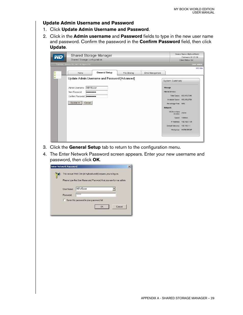 Update admin username and password | Western Digital My Book World Edition II (blue rings) User Manual User Manual | Page 32 / 52