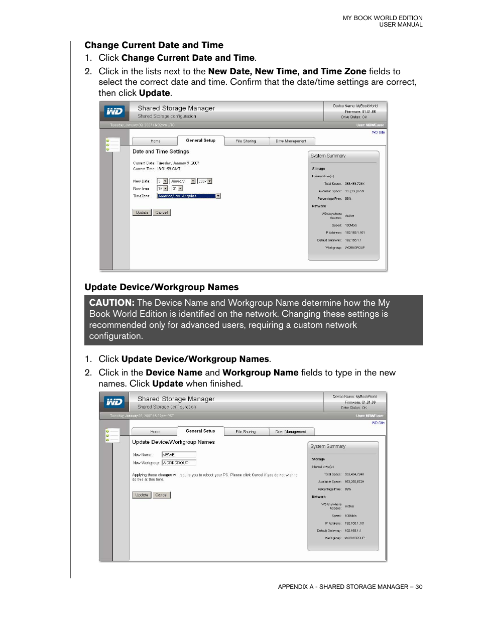 Change current date and time, Update device/workgroup names | Western Digital My Book World Edition II (blue rings) User Manual User Manual | Page 33 / 52
