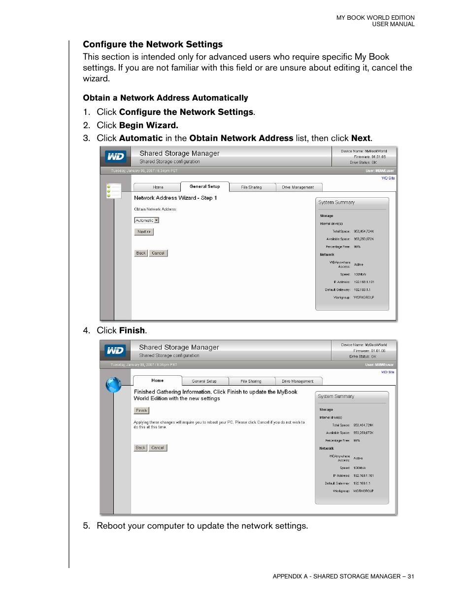 Configure the network settings, Obtain a network address automatically | Western Digital My Book World Edition II (blue rings) User Manual User Manual | Page 34 / 52