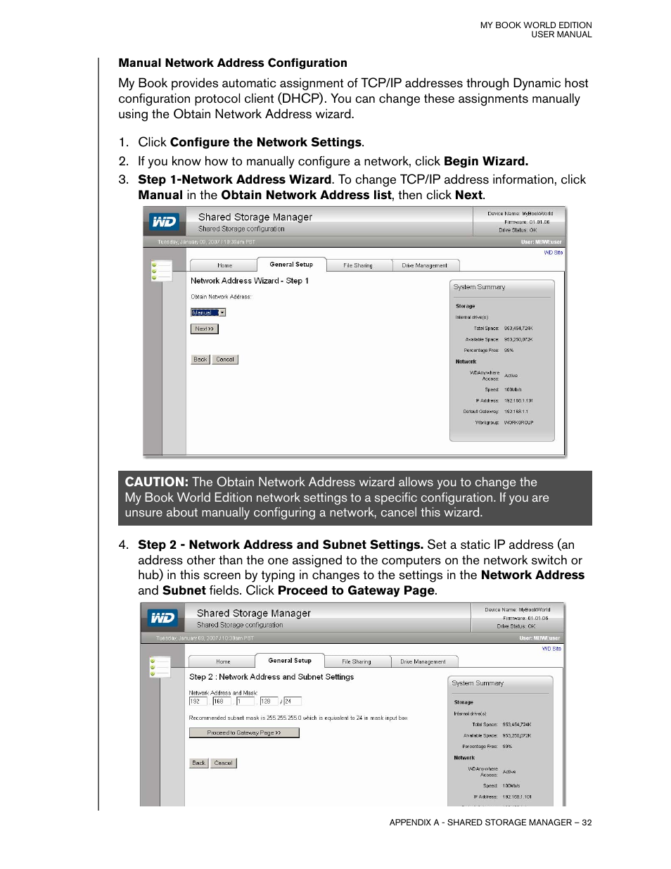 Manual network address configuration | Western Digital My Book World Edition II (blue rings) User Manual User Manual | Page 35 / 52