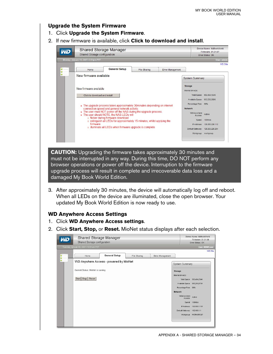 Upgrade the system firmware, Wd anywhere access settings | Western Digital My Book World Edition II (blue rings) User Manual User Manual | Page 37 / 52