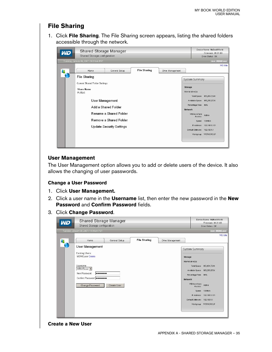 File sharing, User management, Change a user password | Create a new user | Western Digital My Book World Edition II (blue rings) User Manual User Manual | Page 38 / 52