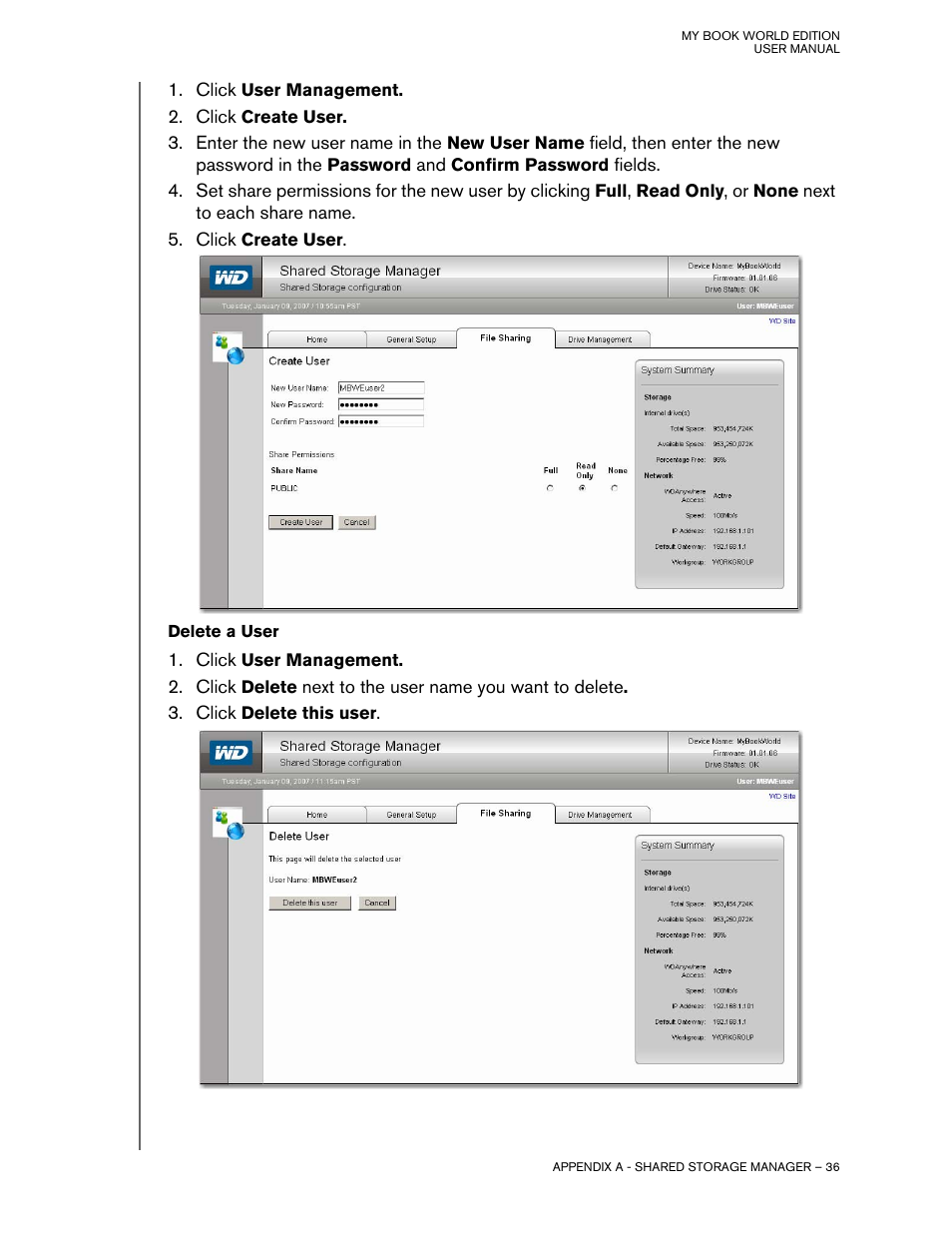 Delete a user | Western Digital My Book World Edition II (blue rings) User Manual User Manual | Page 39 / 52