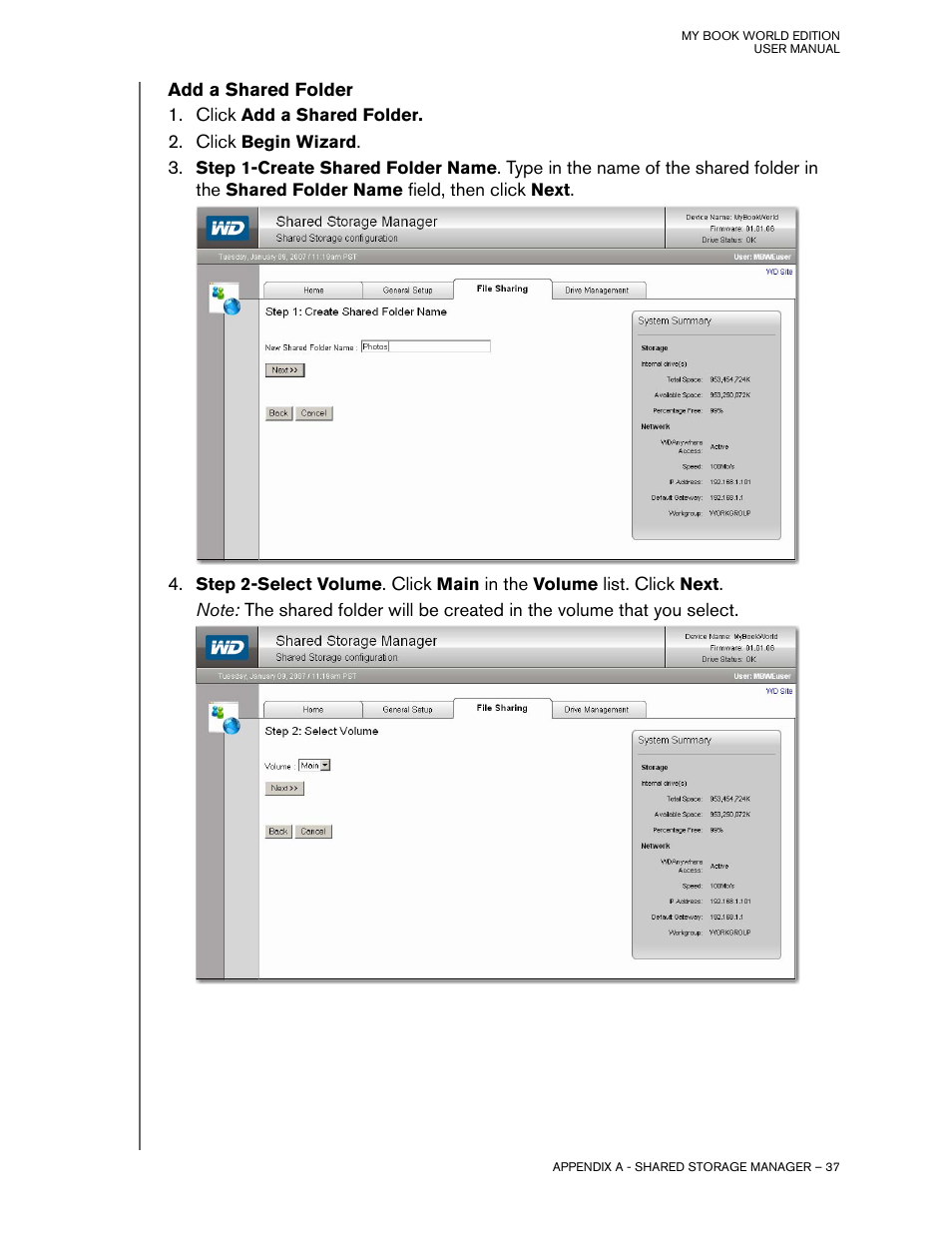 Add a shared folder | Western Digital My Book World Edition II (blue rings) User Manual User Manual | Page 40 / 52