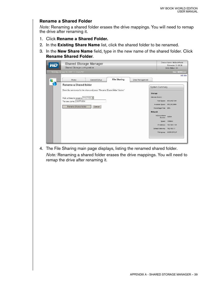 Rename a shared folder | Western Digital My Book World Edition II (blue rings) User Manual User Manual | Page 42 / 52