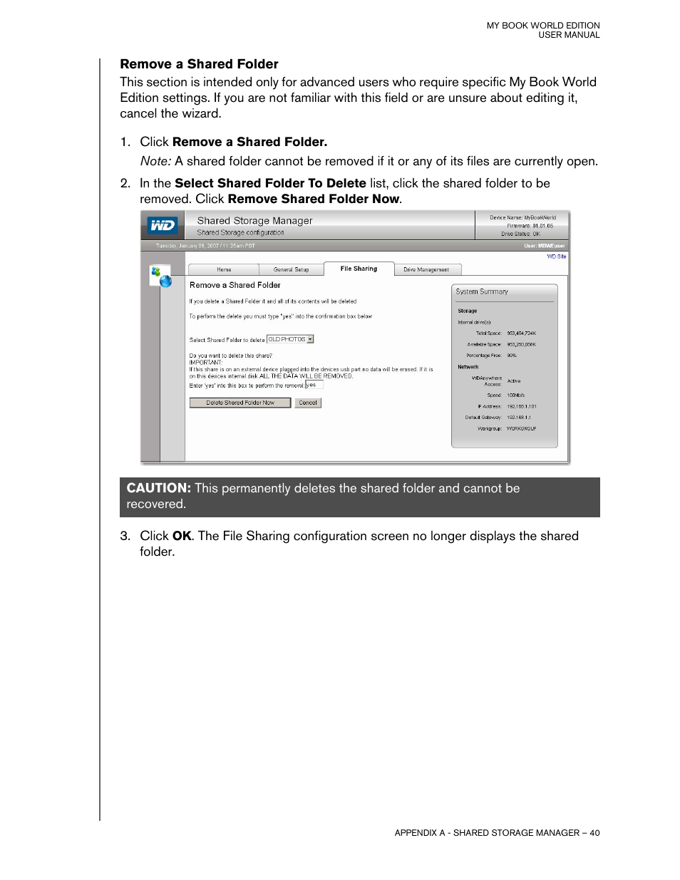Remove a shared folder | Western Digital My Book World Edition II (blue rings) User Manual User Manual | Page 43 / 52