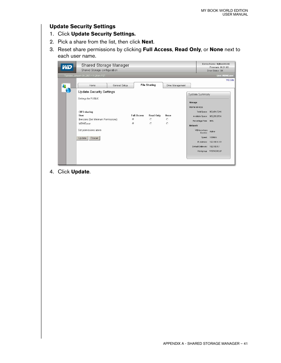 Update security settings | Western Digital My Book World Edition II (blue rings) User Manual User Manual | Page 44 / 52