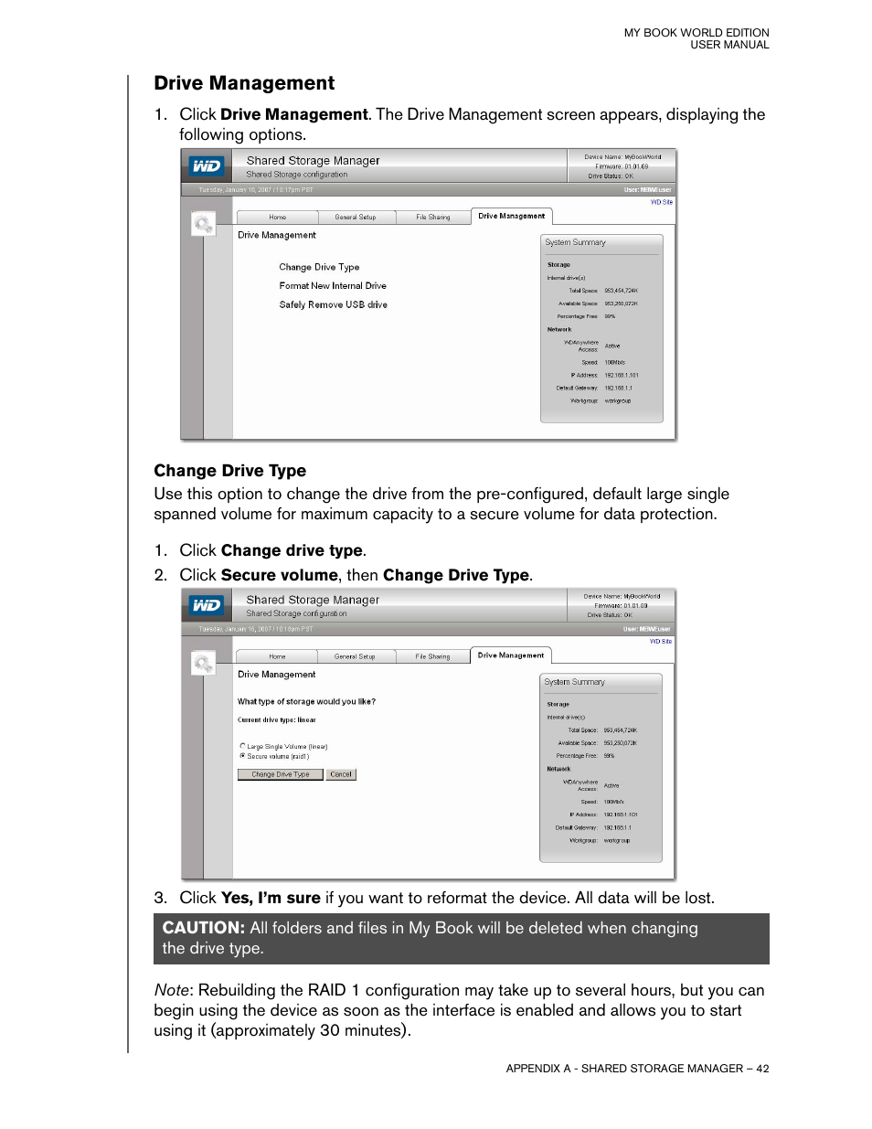 Drive management, Change drive type | Western Digital My Book World Edition II (blue rings) User Manual User Manual | Page 45 / 52