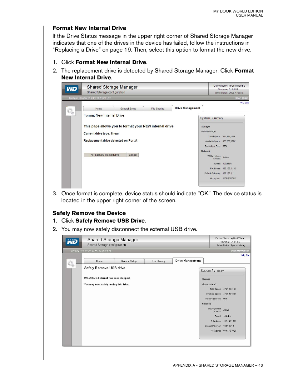 Format new internal drive, Safely remove the device | Western Digital My Book World Edition II (blue rings) User Manual User Manual | Page 46 / 52