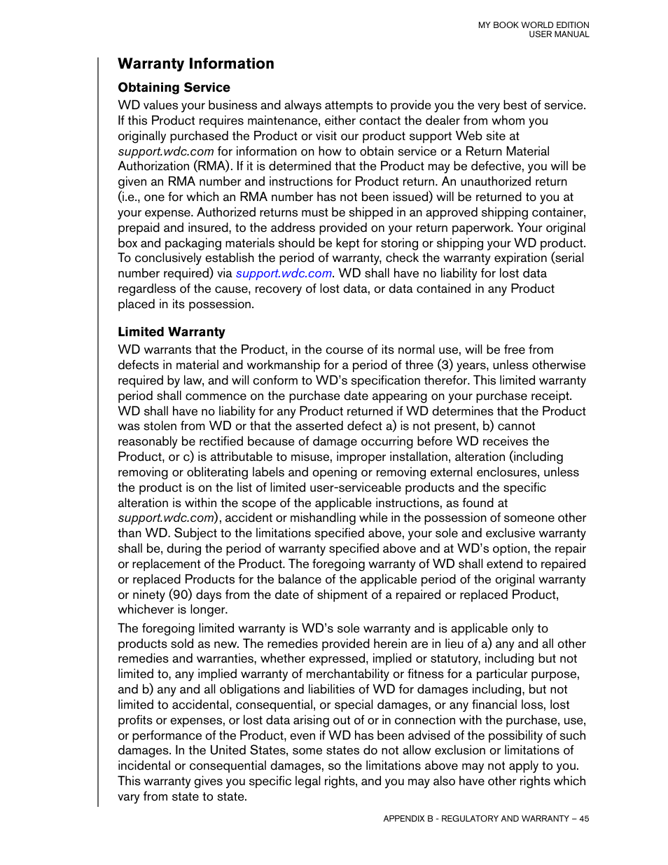 Warranty information, Obtaining service, Limited warranty | Western Digital My Book World Edition II (blue rings) User Manual User Manual | Page 48 / 52