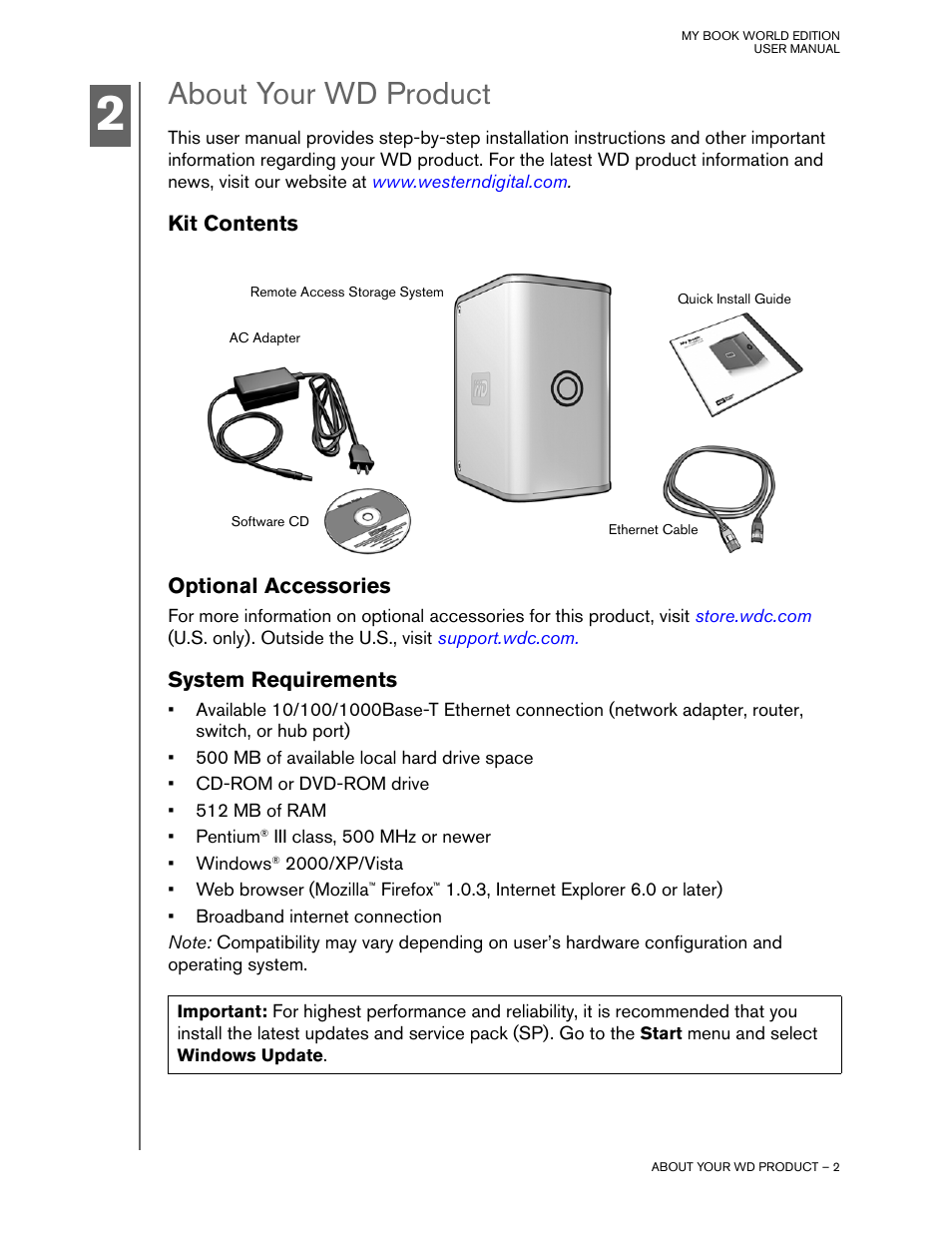 About your wd product, Kit contents, Optional accessories | System requirements | Western Digital My Book World Edition II (blue rings) User Manual User Manual | Page 5 / 52