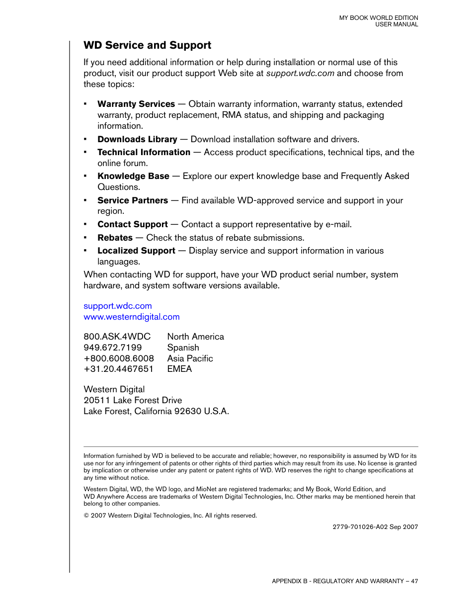 Wd service and support | Western Digital My Book World Edition II (blue rings) User Manual User Manual | Page 50 / 52