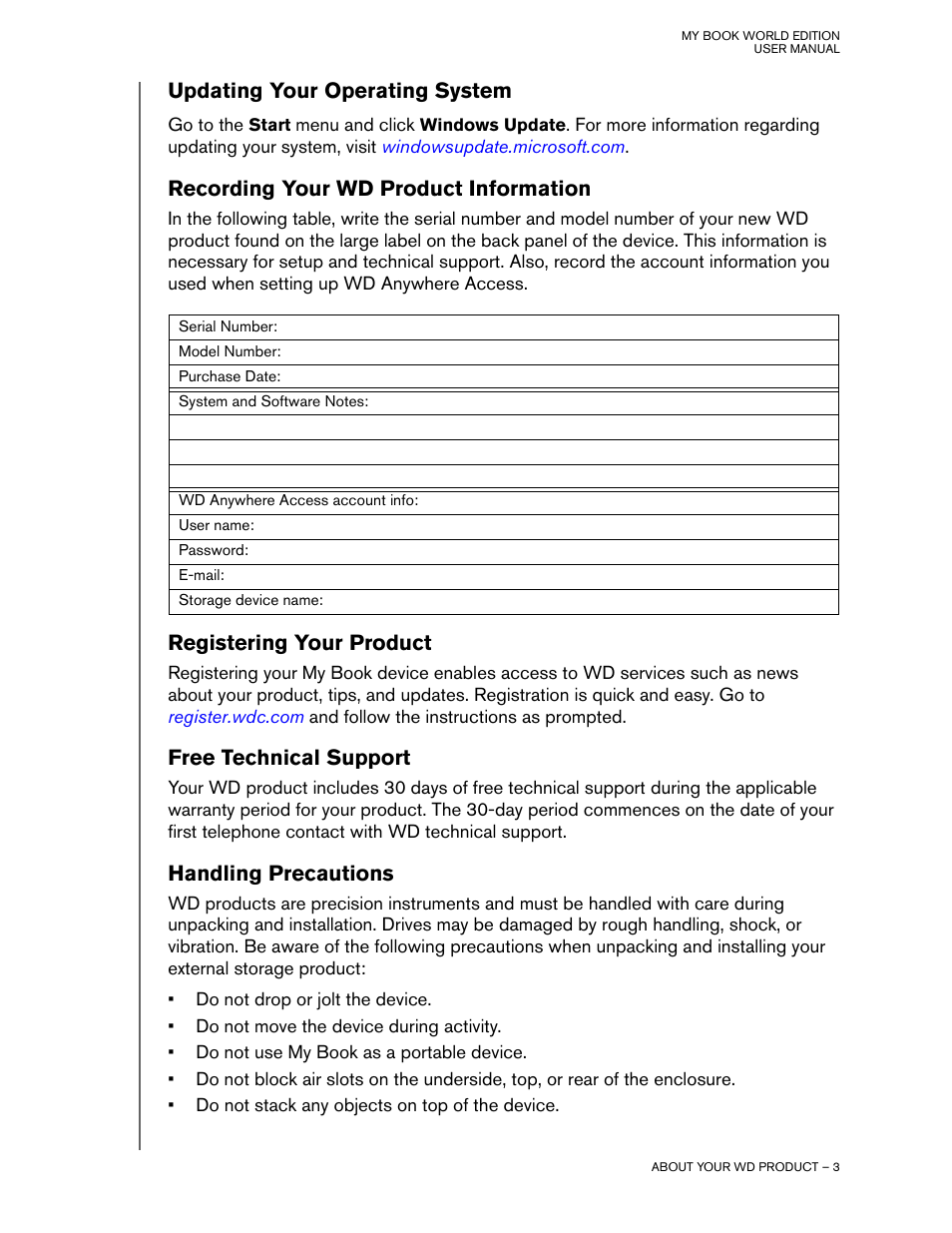 Updating your operating system, Recording your wd product information, Registering your product | Free technical support, Handling precautions | Western Digital My Book World Edition II (blue rings) User Manual User Manual | Page 6 / 52