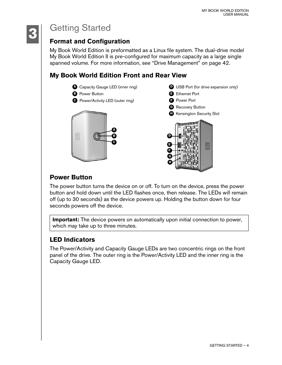 Getting started, Format and configuration, My book world edition front and rear view | Power button, Led indicators | Western Digital My Book World Edition II (blue rings) User Manual User Manual | Page 7 / 52