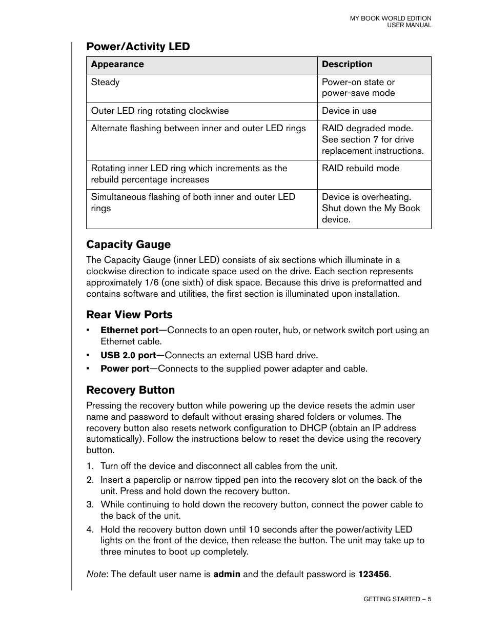 Power/activity led, Capacity gauge, Rear view ports | Recovery button | Western Digital My Book World Edition II (blue rings) User Manual User Manual | Page 8 / 52