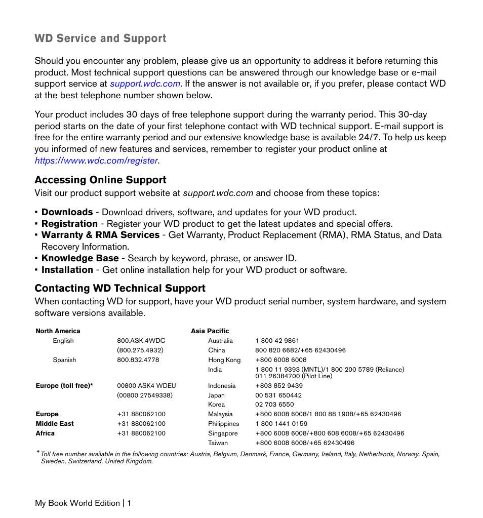 Wd service and support, Accessing online support, Contacting wd technical support | Western Digital My Book World Edition (white light) Quick Install Guide User Manual | Page 2 / 8