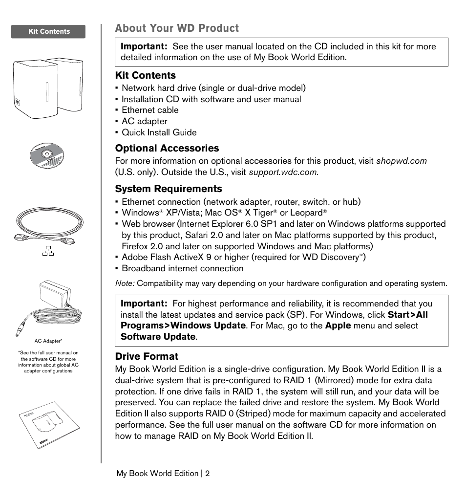 About your wd product, Kit contents, Optional accessories | System requirements, Drive format | Western Digital My Book World Edition (white light) Quick Install Guide User Manual | Page 3 / 8