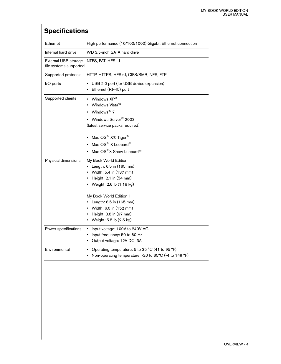 Specifications | Western Digital My Book World Edition (white light) User Manual User Manual | Page 10 / 198