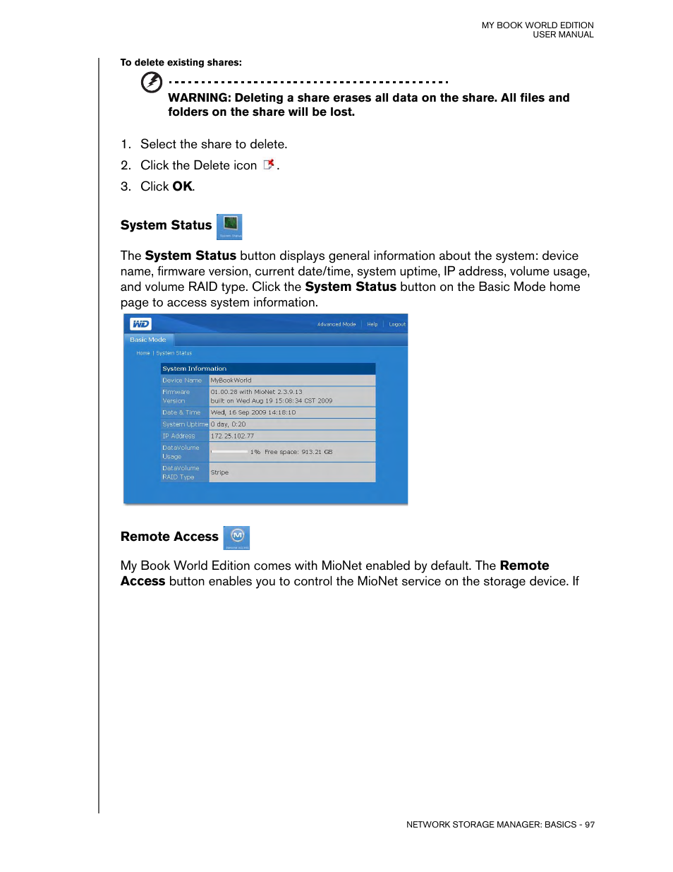 System status, Remote access | Western Digital My Book World Edition (white light) User Manual User Manual | Page 103 / 198