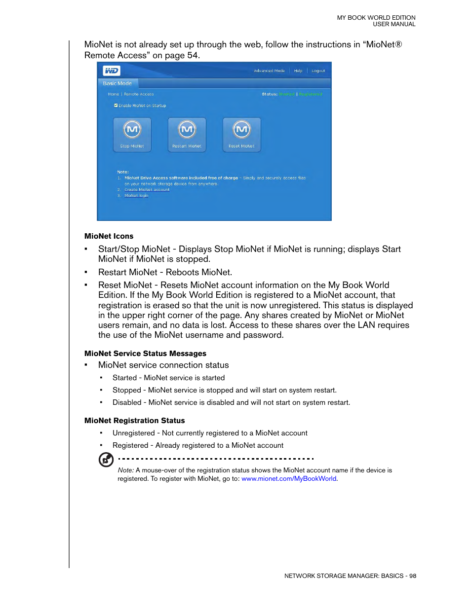 Mionet icons, Mionet service status messages, Mionet registration status | Western Digital My Book World Edition (white light) User Manual User Manual | Page 104 / 198
