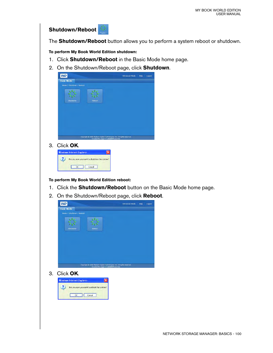 Shutdown/reboot | Western Digital My Book World Edition (white light) User Manual User Manual | Page 106 / 198