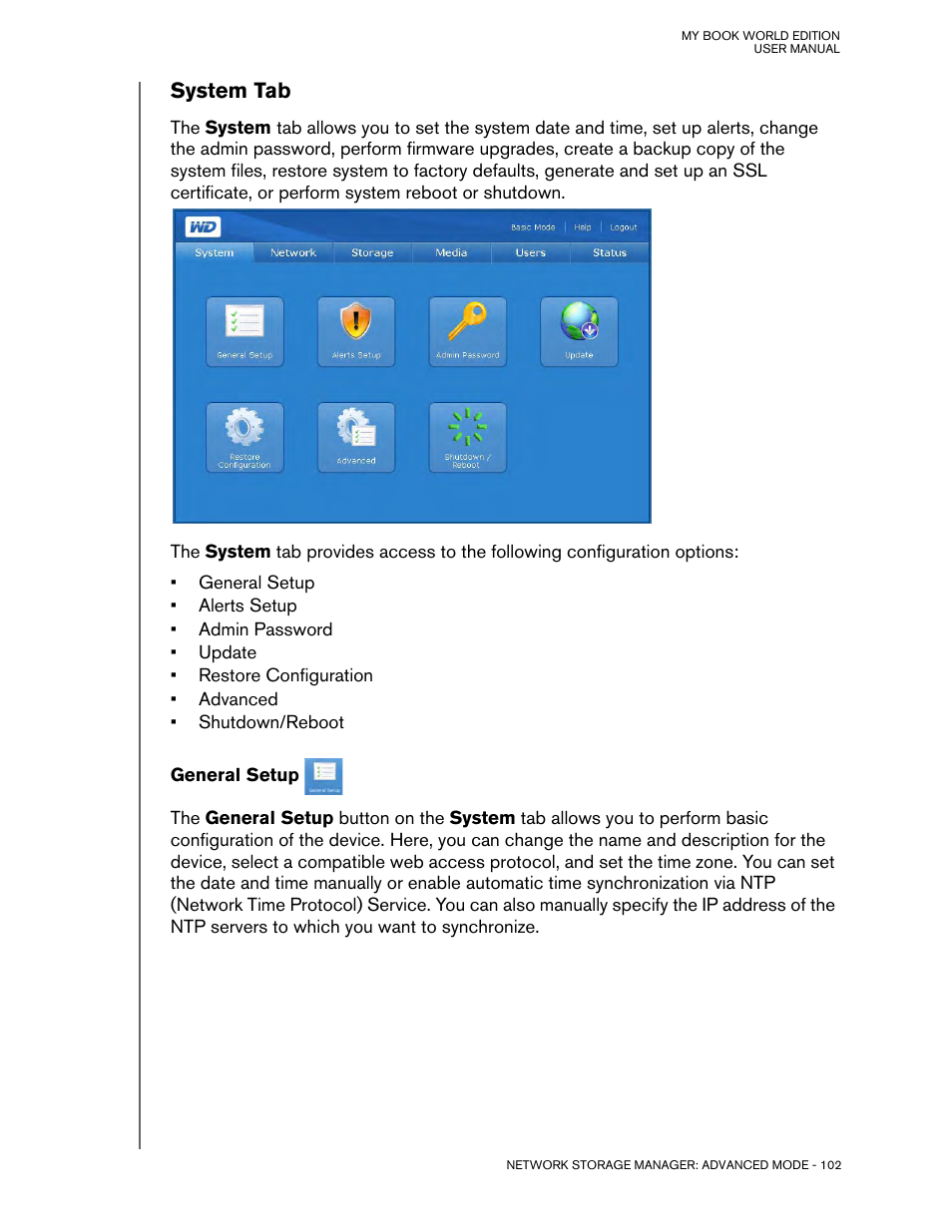 System tab, General setup | Western Digital My Book World Edition (white light) User Manual User Manual | Page 108 / 198