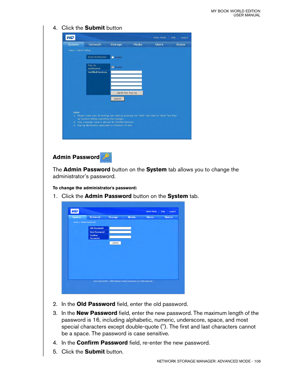 Admin password | Western Digital My Book World Edition (white light) User Manual User Manual | Page 112 / 198