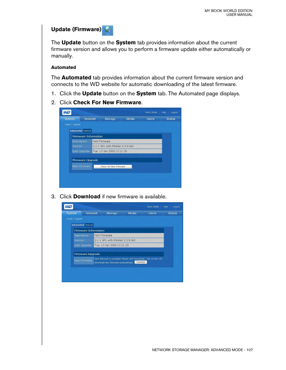 Update (firmware), Automated | Western Digital My Book World Edition (white light) User Manual User Manual | Page 113 / 198