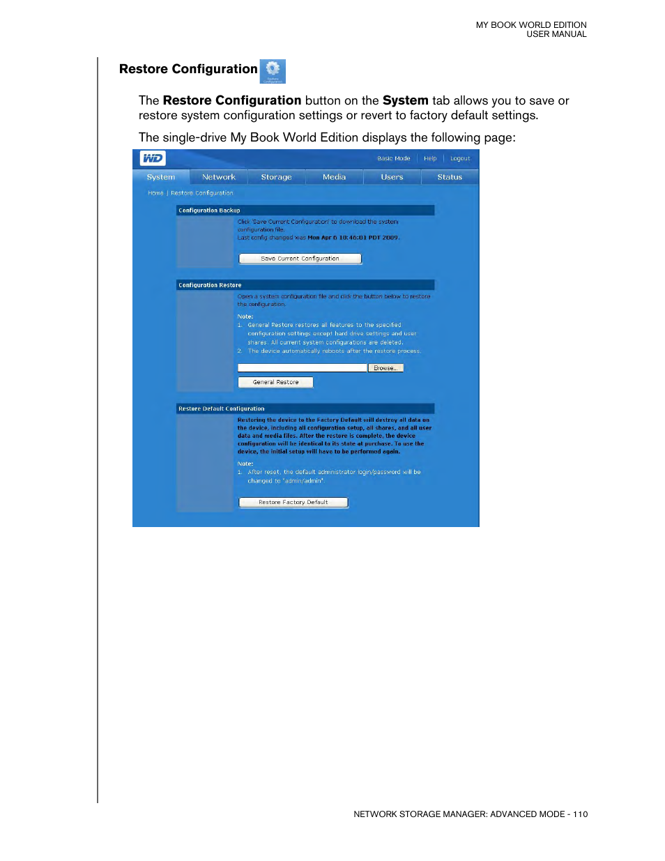Restore configuration | Western Digital My Book World Edition (white light) User Manual User Manual | Page 116 / 198