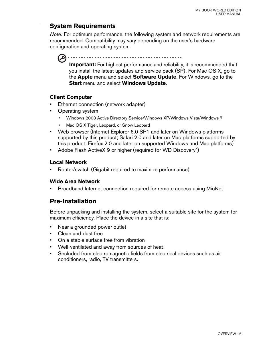 System requirements, Client computer, Local network | Wide area network, Pre-installation | Western Digital My Book World Edition (white light) User Manual User Manual | Page 12 / 198