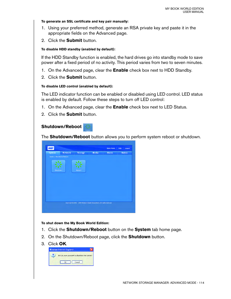 Shutdown/reboot | Western Digital My Book World Edition (white light) User Manual User Manual | Page 120 / 198