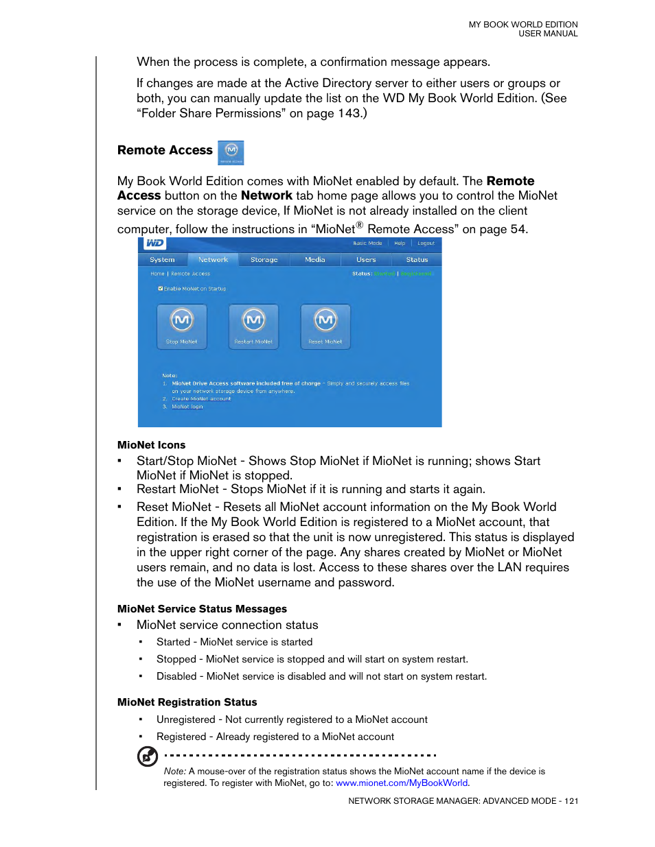 Remote access, Mionet icons, Mionet service status messages | Mionet registration status | Western Digital My Book World Edition (white light) User Manual User Manual | Page 127 / 198