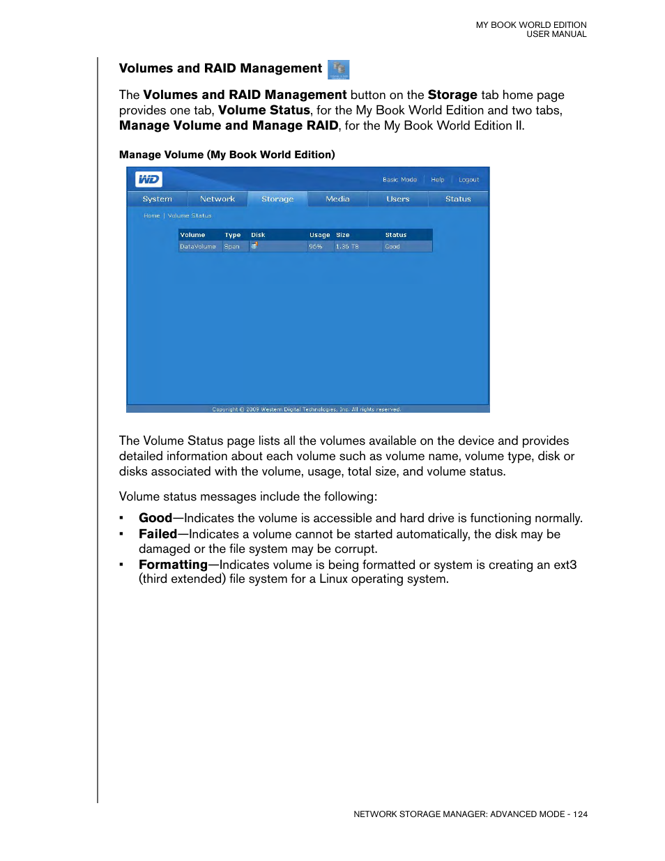 Volumes and raid management, Manage volume (my book world edition) | Western Digital My Book World Edition (white light) User Manual User Manual | Page 130 / 198