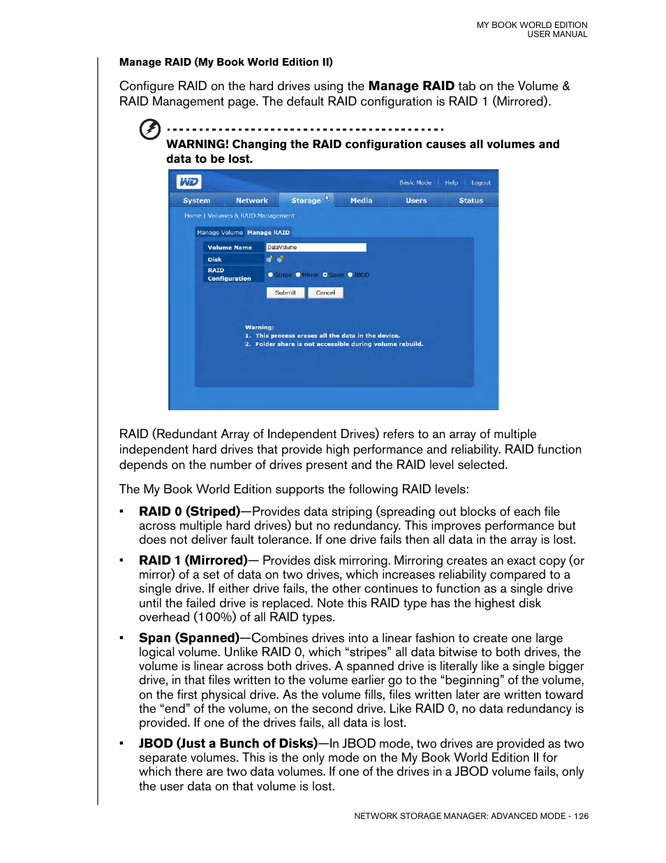Manage raid (my book world edition ii) | Western Digital My Book World Edition (white light) User Manual User Manual | Page 132 / 198