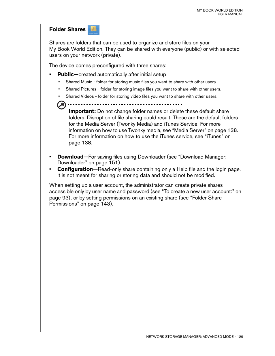 Folder shares | Western Digital My Book World Edition (white light) User Manual User Manual | Page 135 / 198