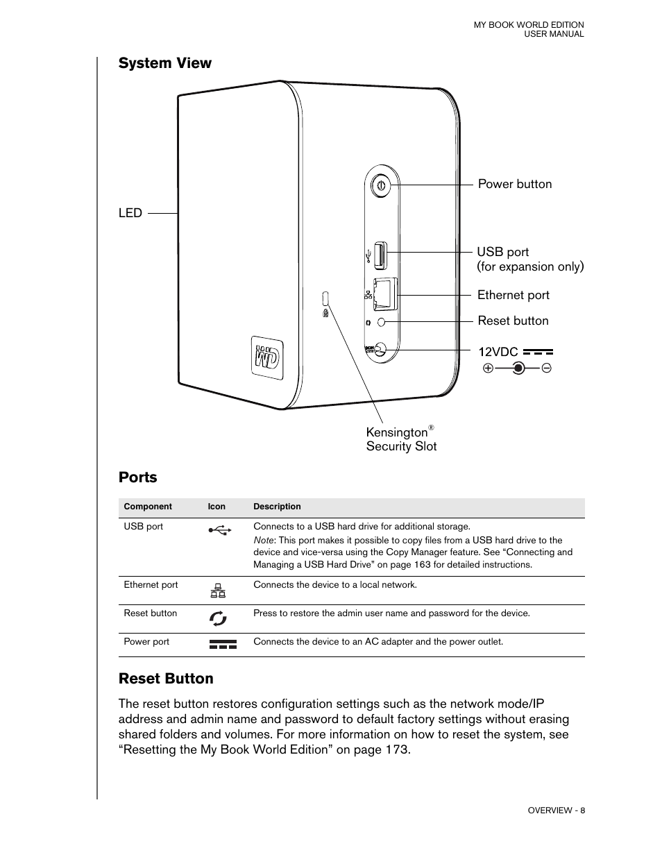 System view, Ports, Reset button | System view ports | Western Digital My Book World Edition (white light) User Manual User Manual | Page 14 / 198