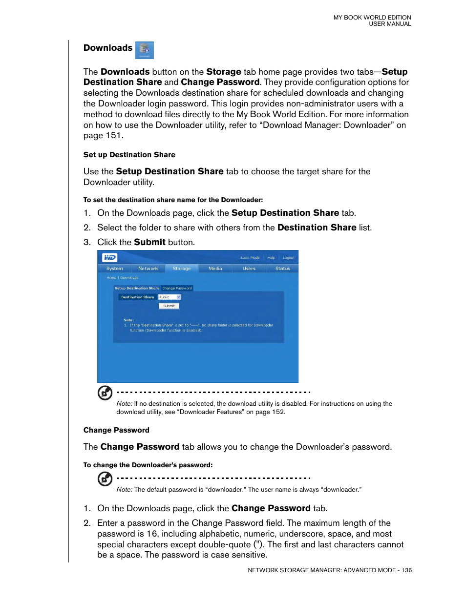 Downloads, Set up destination share, Change password | Western Digital My Book World Edition (white light) User Manual User Manual | Page 142 / 198