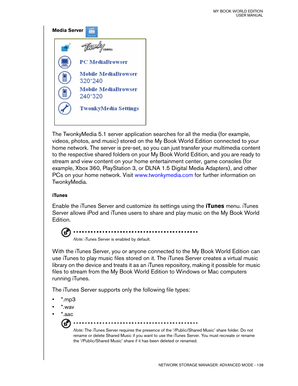 Media server, Itunes | Western Digital My Book World Edition (white light) User Manual User Manual | Page 144 / 198