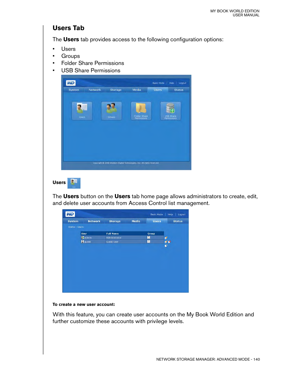 Users tab, Users | Western Digital My Book World Edition (white light) User Manual User Manual | Page 146 / 198