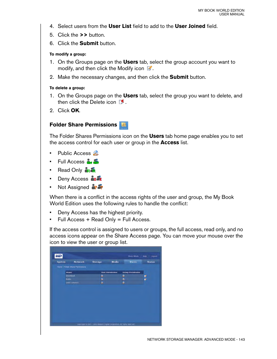 Folder share permissions | Western Digital My Book World Edition (white light) User Manual User Manual | Page 149 / 198