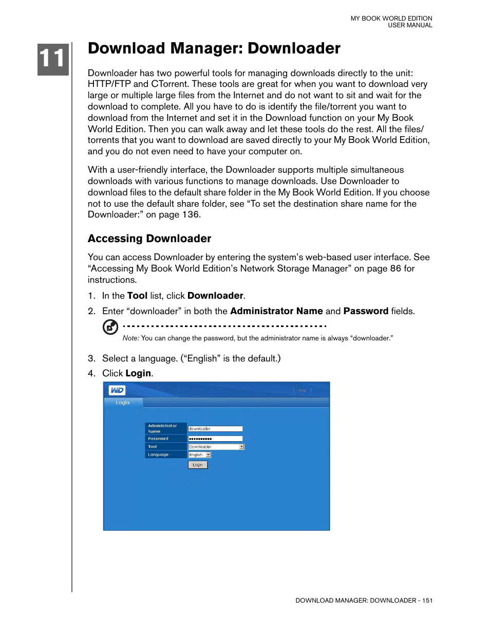 Download manager: downloader, Accessing downloader | Western Digital My Book World Edition (white light) User Manual User Manual | Page 157 / 198