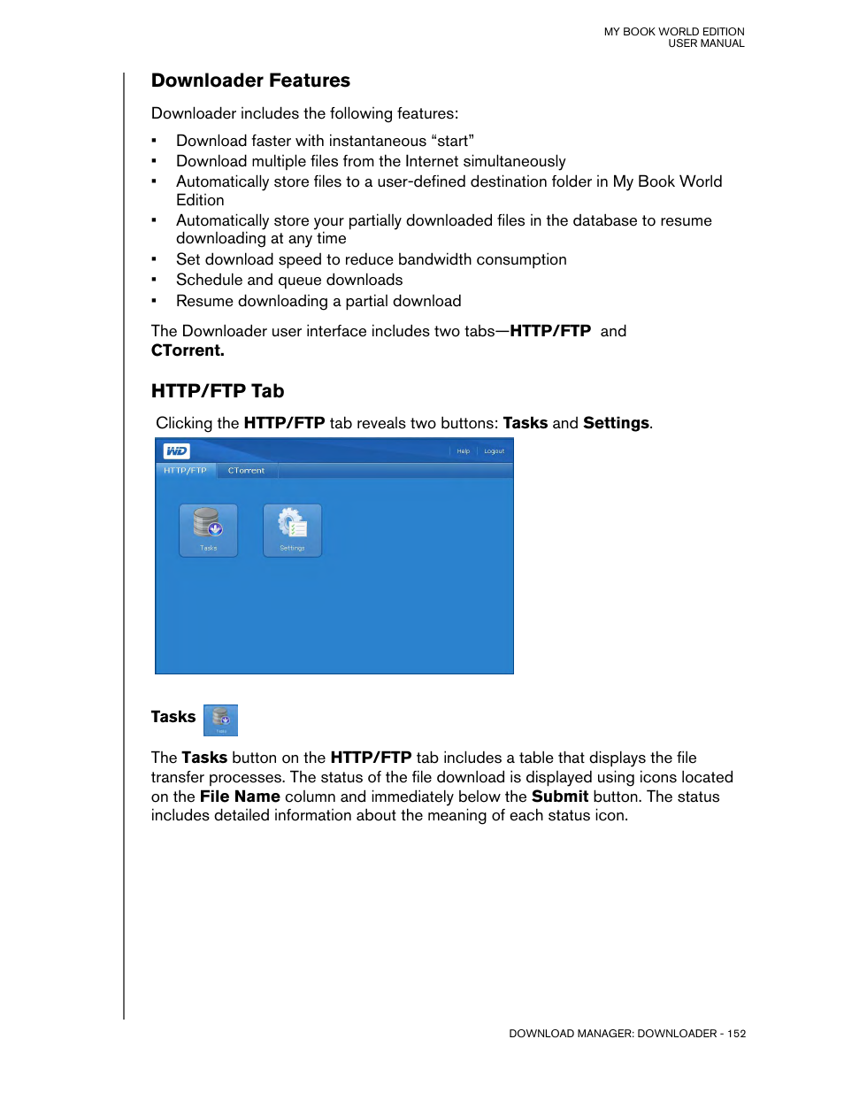 Downloader features, Http/ftp tab, Tasks | Western Digital My Book World Edition (white light) User Manual User Manual | Page 158 / 198