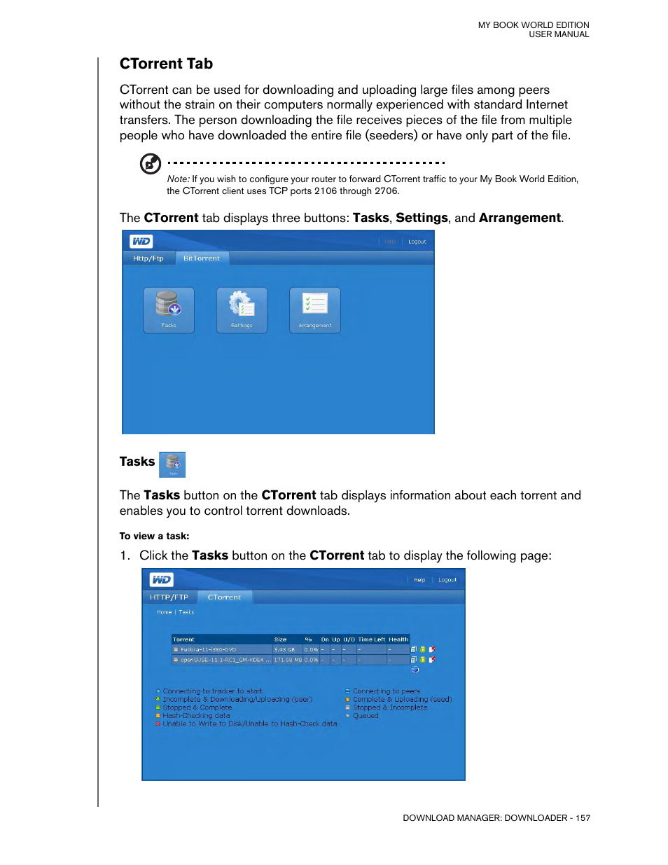 Ctorrent tab, Tasks | Western Digital My Book World Edition (white light) User Manual User Manual | Page 163 / 198